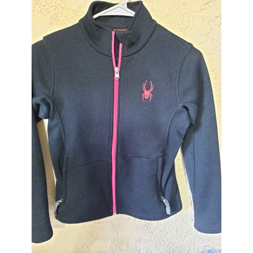 Spyder Girls Black Pink Full Zip Waffle Knit Fleece Jacket Sweater Size M 10-12